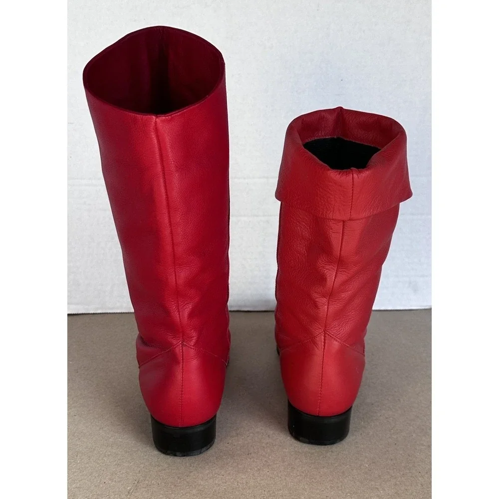 VTG Life Stride Red Leather Mid Calf‎ Boots 80s Slouch Peter Pan Boho Fold Over
